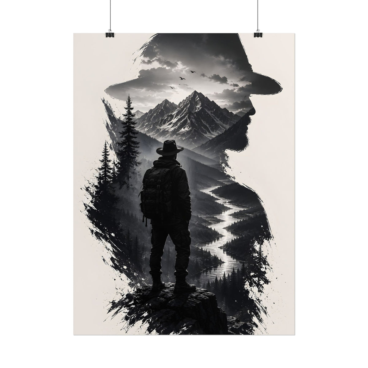 Adventure Silhouette Poster — Hiker, Mountains & River Rolled Wall Art
