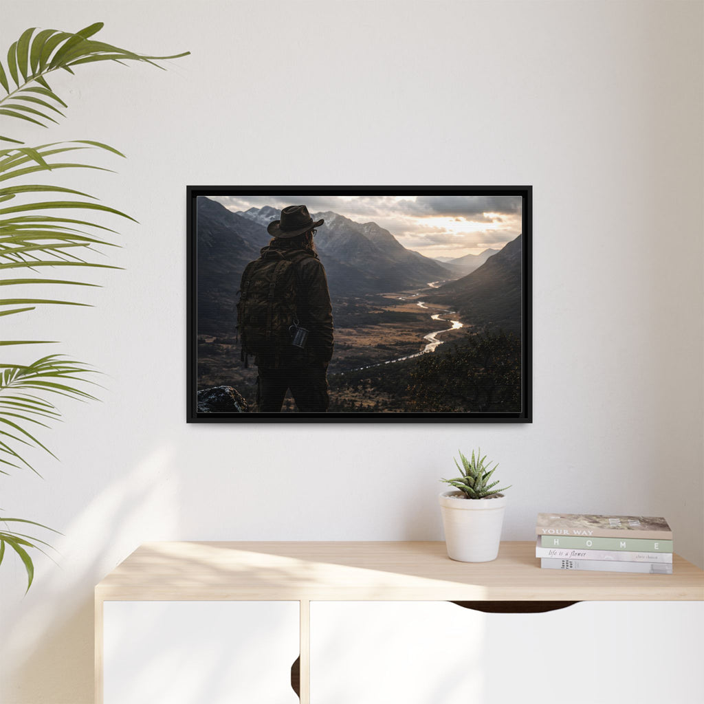 Wanderer in the Valley Matte Framed Canvas – Adventure Landscape Wall Art