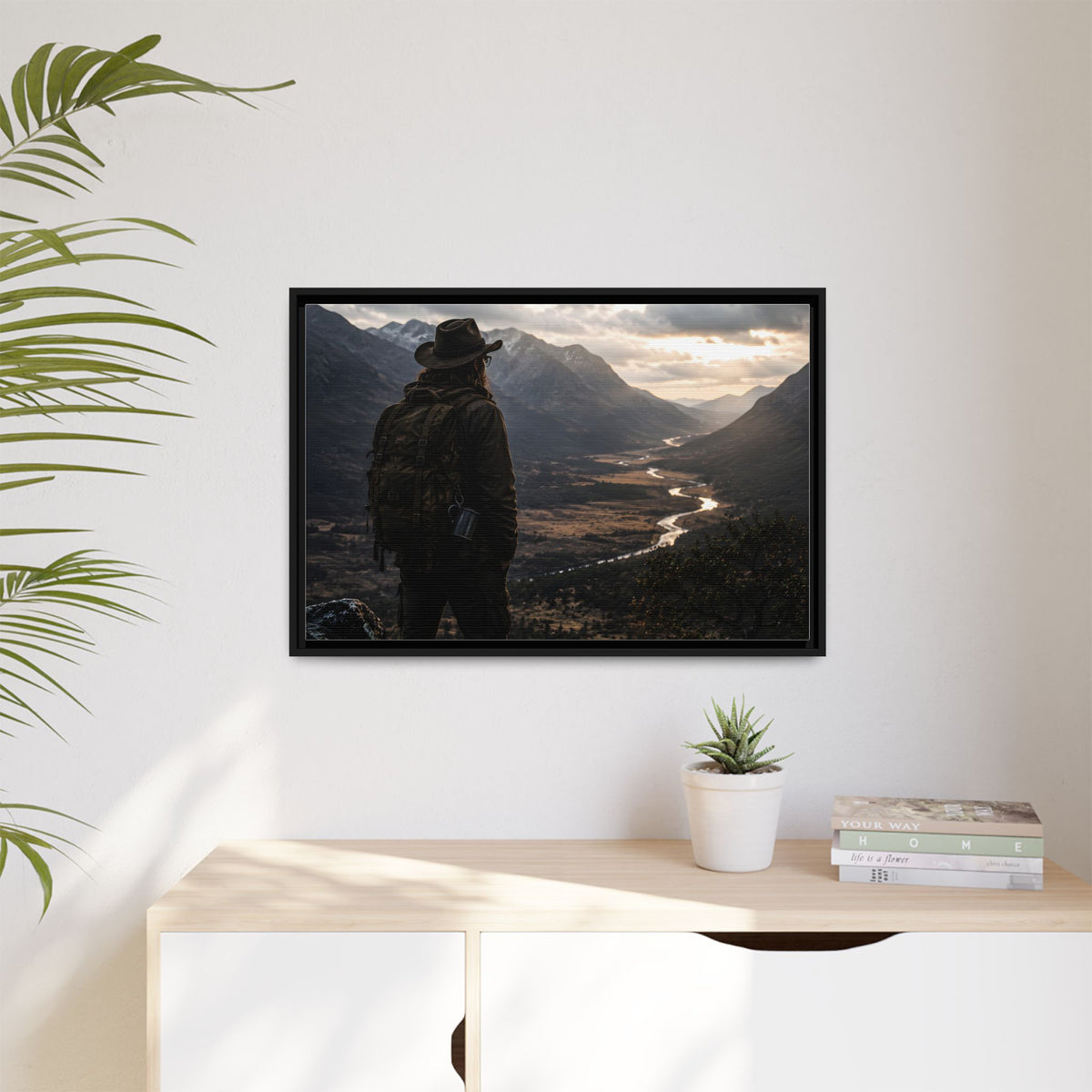 Wanderer in the Valley Matte Framed Canvas – Adventure Landscape Wall Art