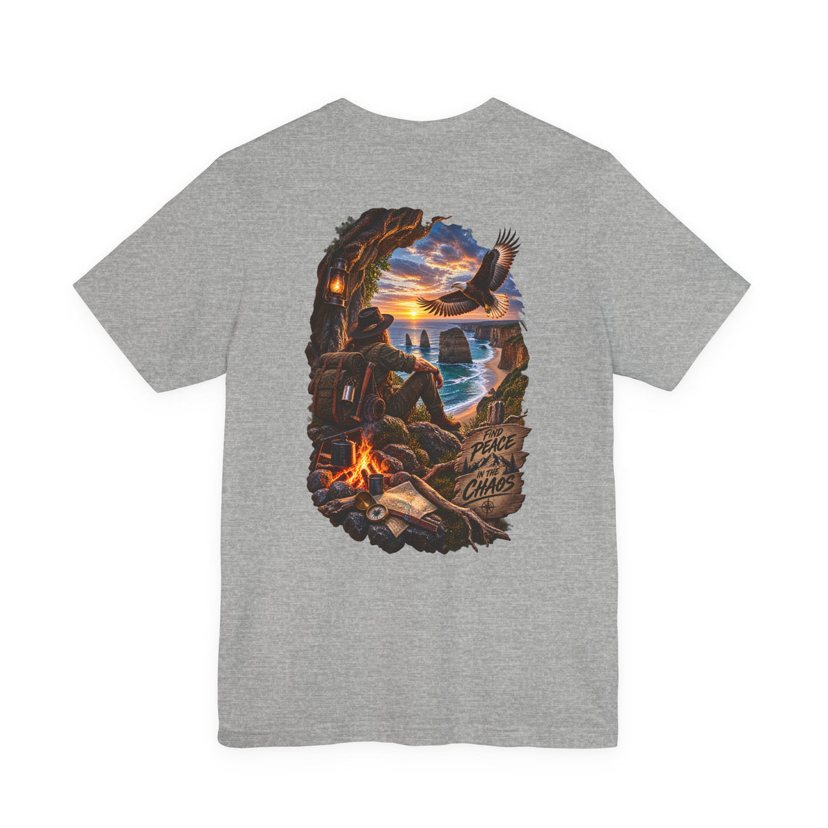 Coastal Campfire Adventure T-Shirt — Sunset, Eagle & Seaside Explorer Tee