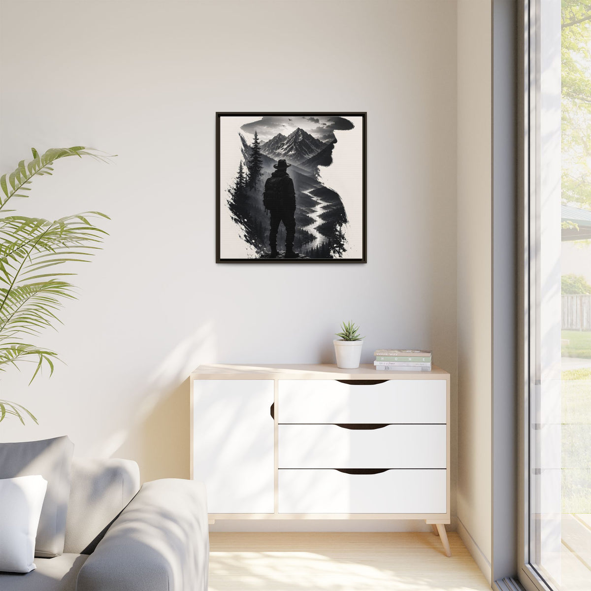 Adventure Silhouette Matte Canvas Framed Print — Mountain Hiker Double Exposure Wall Art