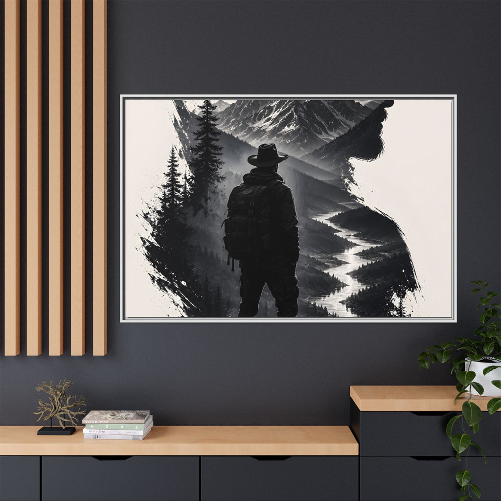 Adventure Silhouette Matte Canvas Framed Print — Mountain Hiker Double Exposure Wall Art