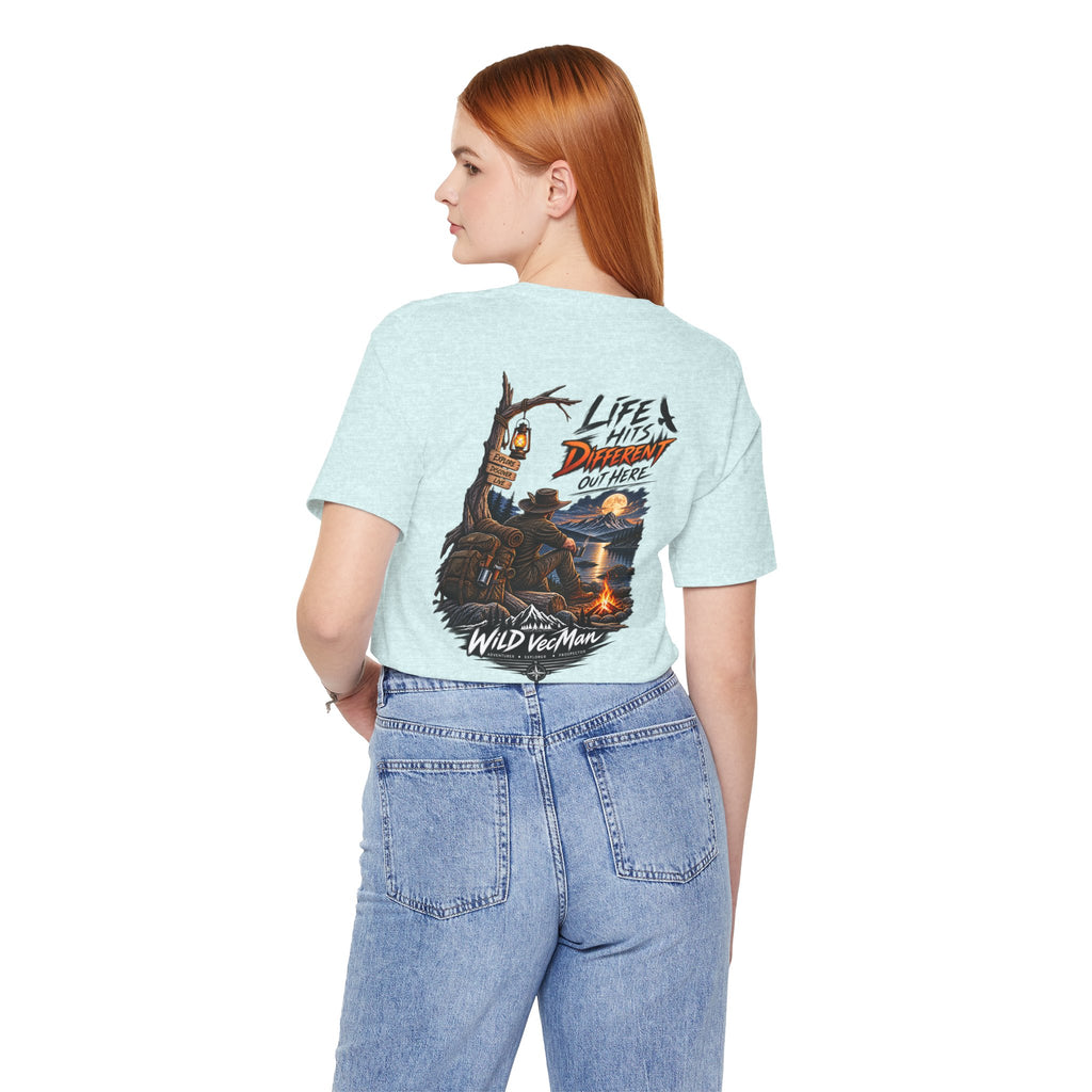 Adventure Campfire T-Shirt — “Life Hits Different Out Here” Graphic Tee