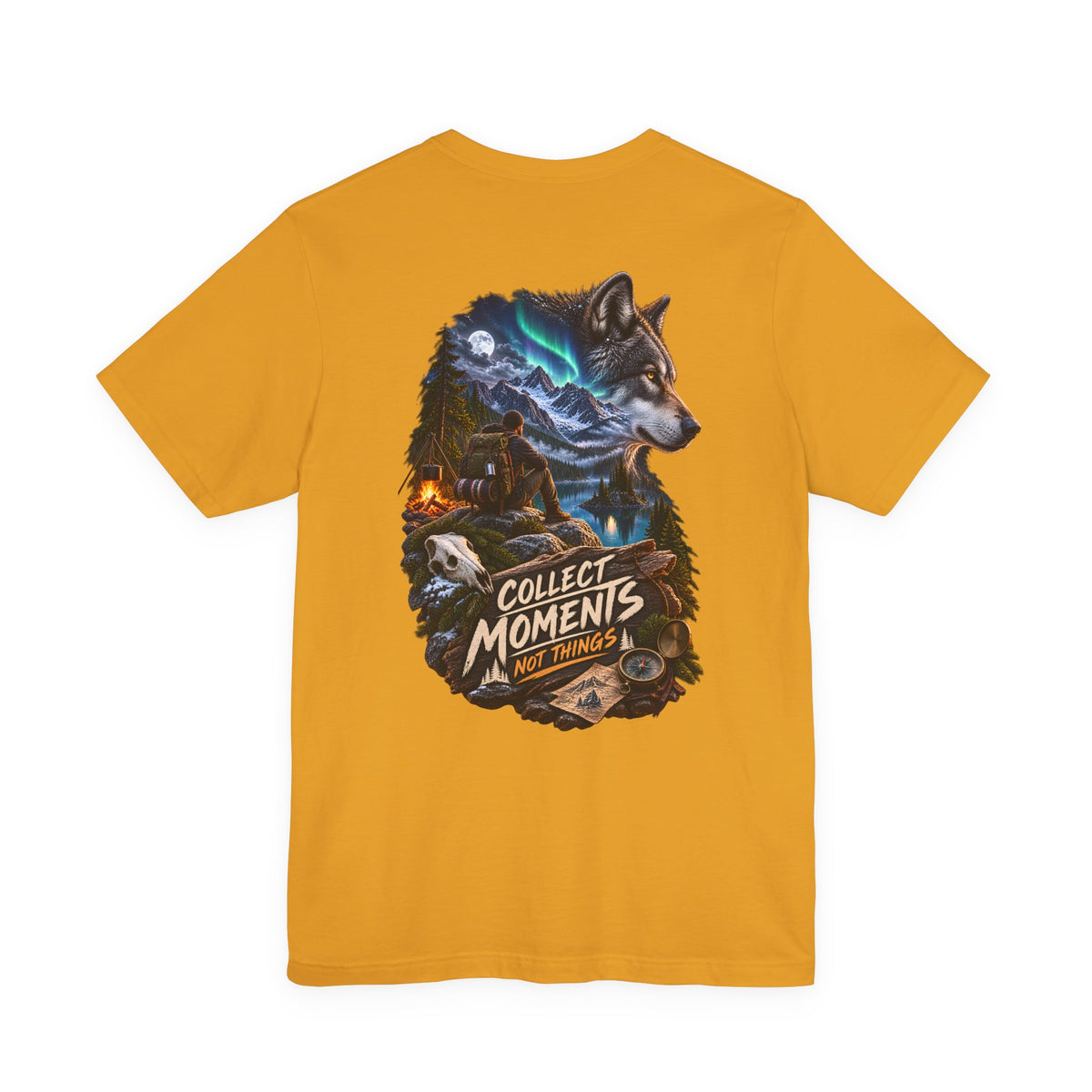 Wolf Graphic Tee – "Collect Moments Not Things" Adventure T-Shirt