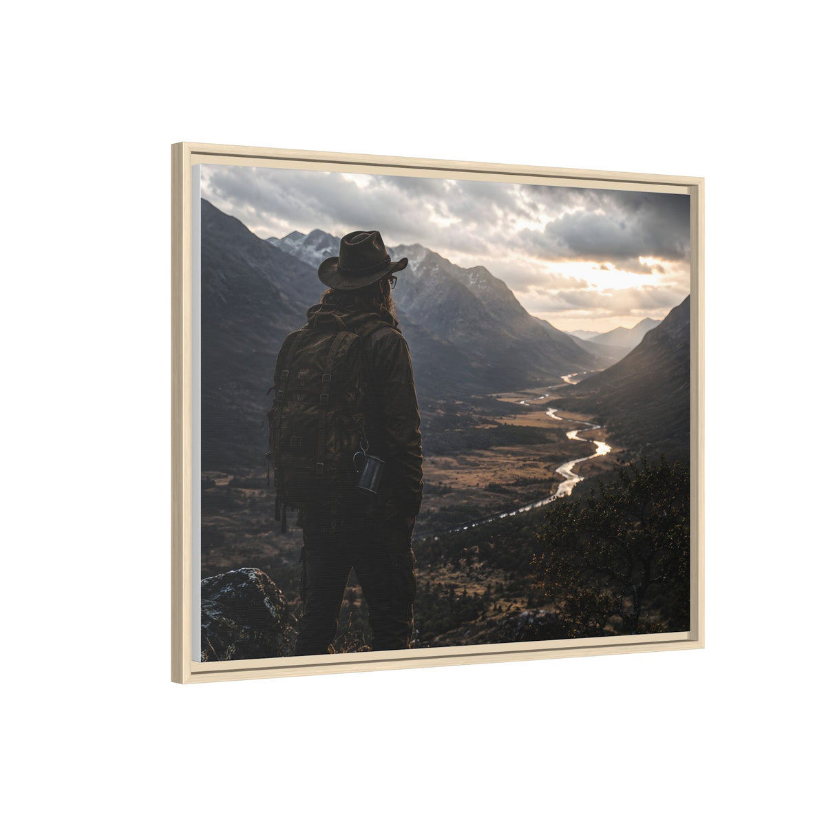 Wanderer in the Valley Matte Framed Canvas – Adventure Landscape Wall Art
