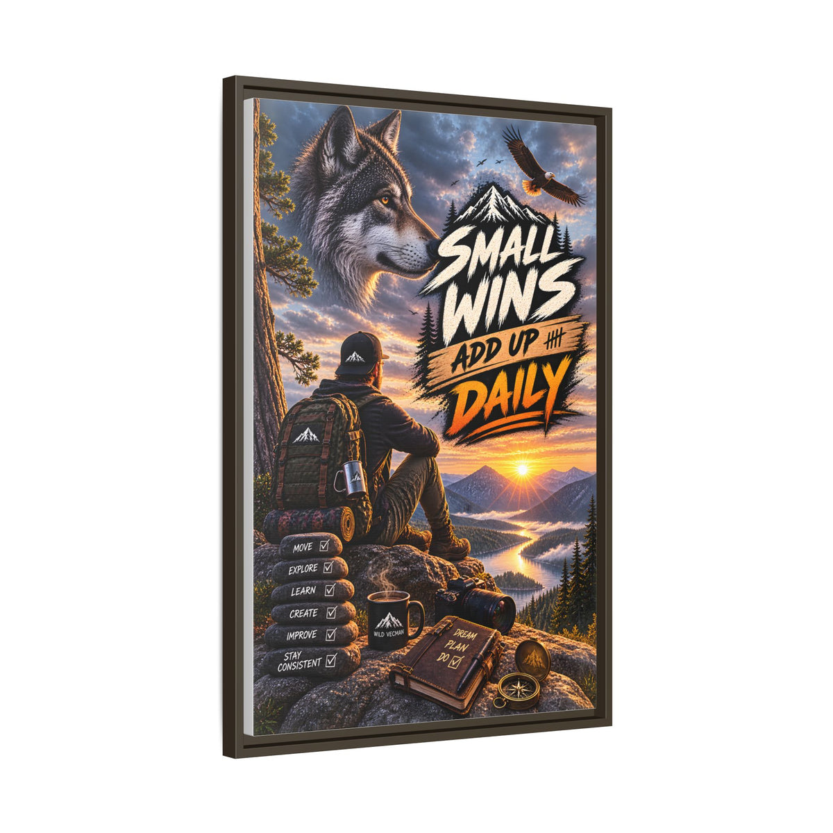 Small Wins Add Up Daily Framed Canvas Wall Art — Motivational Hiking Print