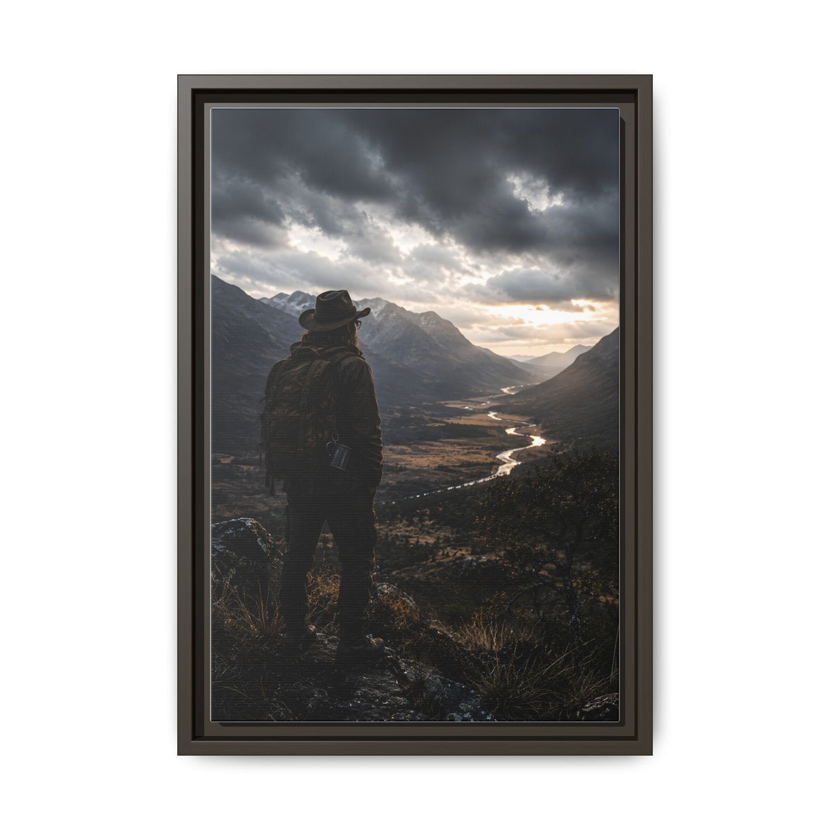 Wanderer in the Valley Matte Framed Canvas – Adventure Landscape Wall Art