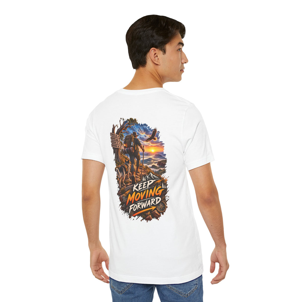 Keep Moving Forward T-Shirt — Motivational Hiker Sunset Graphic Tee