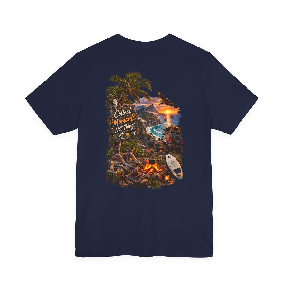 T-Shirt — "Collect Moments Not Things" Tropical Beach Camping Graphic Tee