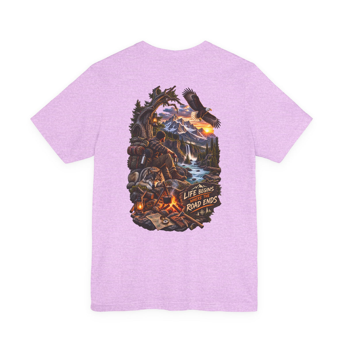 Adventure Campfire Tee — Life Begins Where the Road Ends Graphic T-Shirt