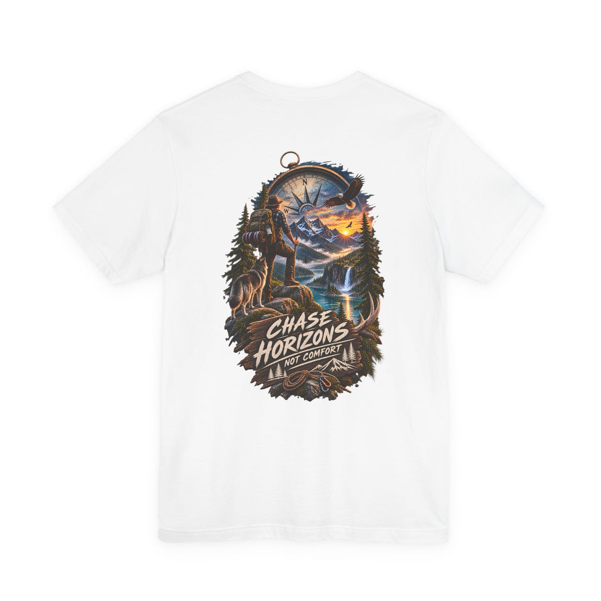 Chase Horizons Adventure T-Shirt — Scenic Back Graphic with 'Chase Horizons, Not Comfort'