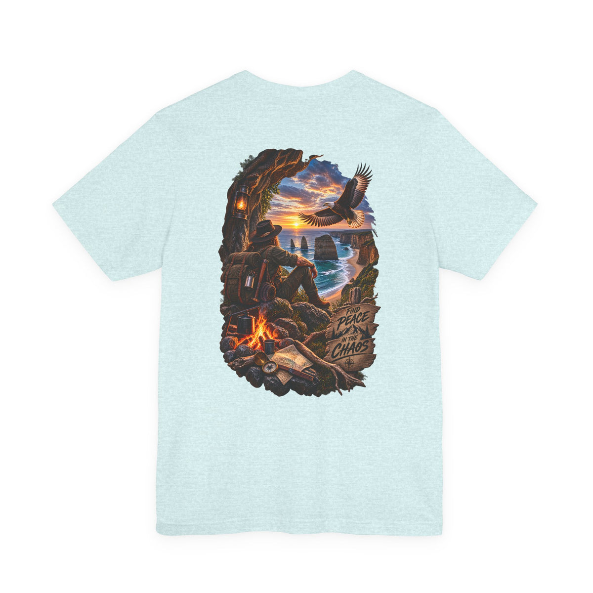 Coastal Campfire Adventure T-Shirt — Sunset, Eagle & Seaside Explorer Tee