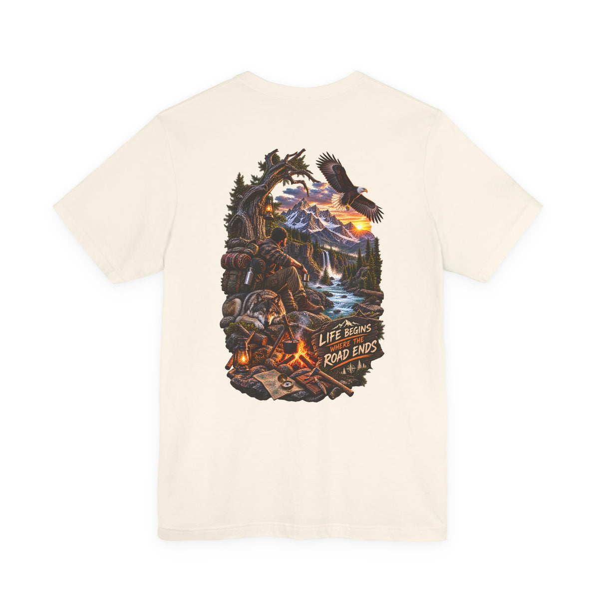 Adventure Campfire Tee — Life Begins Where the Road Ends Graphic T-Shirt