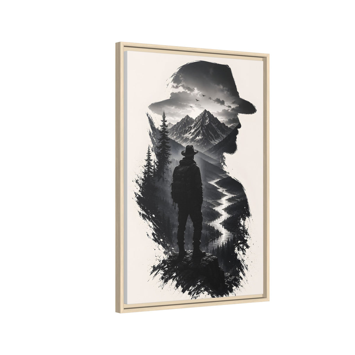 Adventure Silhouette Matte Canvas Framed Print — Mountain Hiker Double Exposure Wall Art