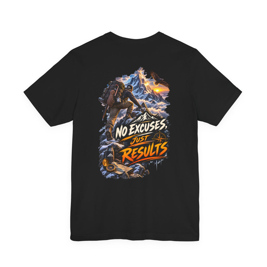Motivational Climbing T-Shirt — "No Excuses, Just Results" Back Graphic