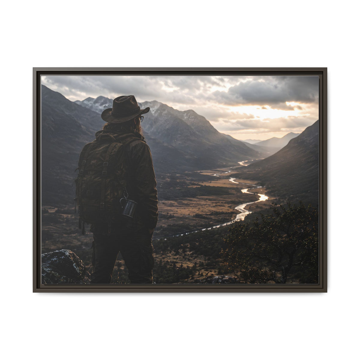 Wanderer in the Valley Matte Framed Canvas – Adventure Landscape Wall Art