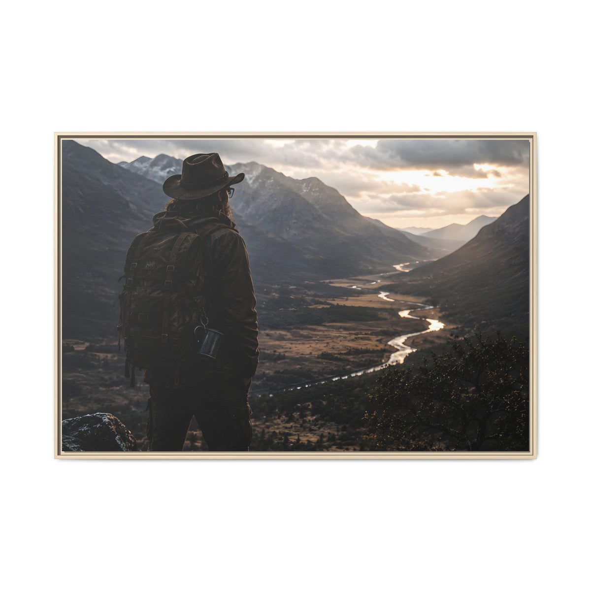 Wanderer in the Valley Matte Framed Canvas – Adventure Landscape Wall Art