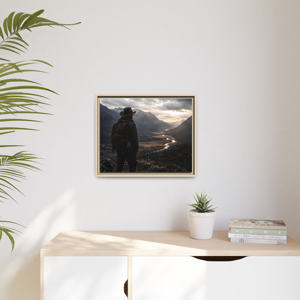Wanderer in the Valley Matte Framed Canvas – Adventure Landscape Wall Art
