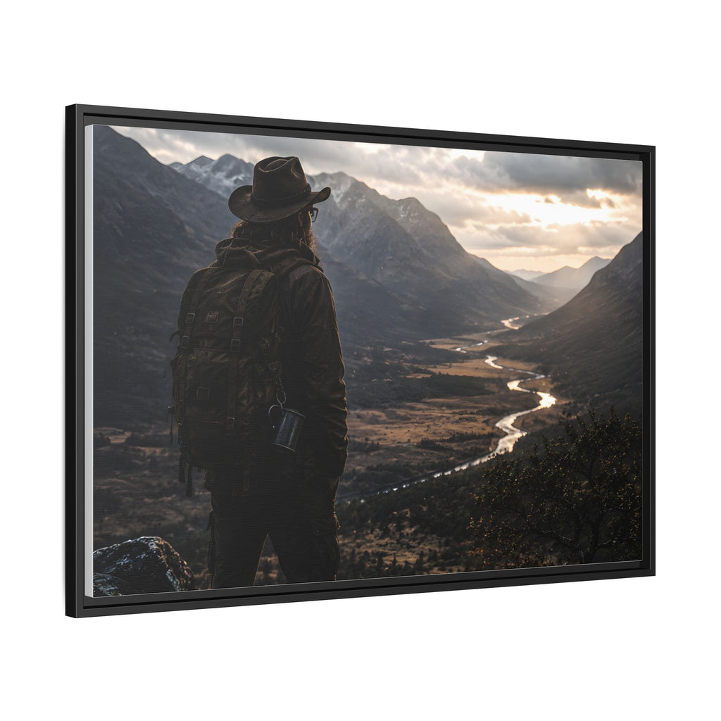 Wanderer in the Valley Matte Framed Canvas – Adventure Landscape Wall Art