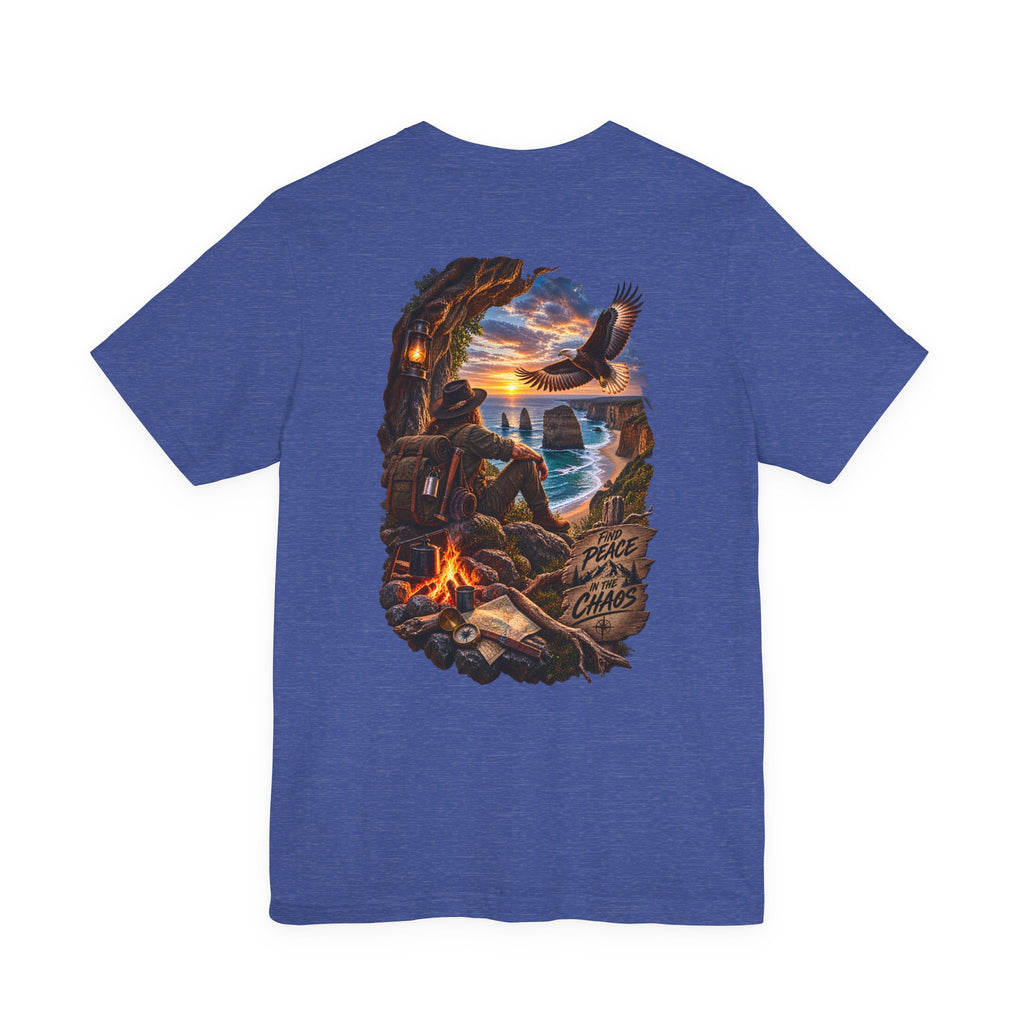 T-shirt Aventure au feu de camp côtier — Tee-shirt Coucher de soleil, Aigle & Explorateur du bord de mer