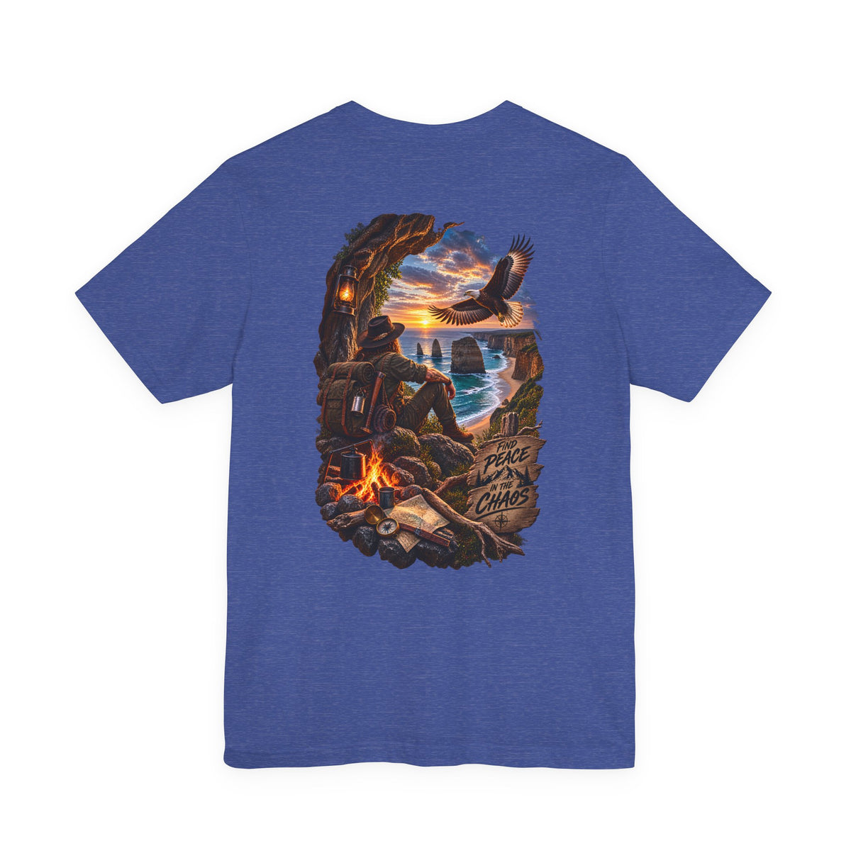 Coastal Campfire Adventure T-Shirt — Sunset, Eagle & Seaside Explorer Tee