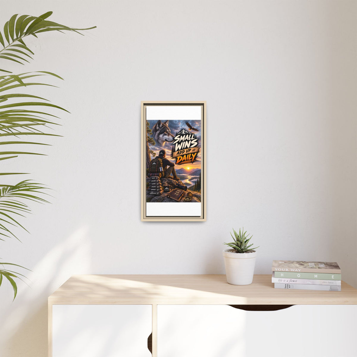 Small Wins Add Up Daily Framed Canvas Wall Art — Motivational Hiking Print
