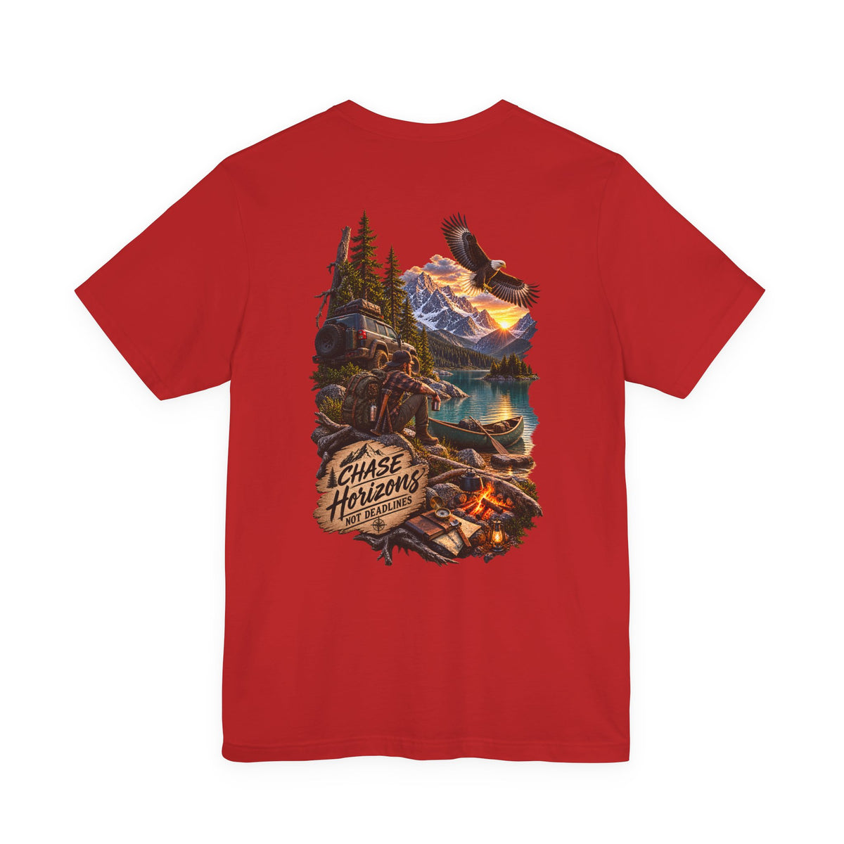 Adventure Graphic Tee — "Chase New Horizons" Mountain & Eagle Back Print