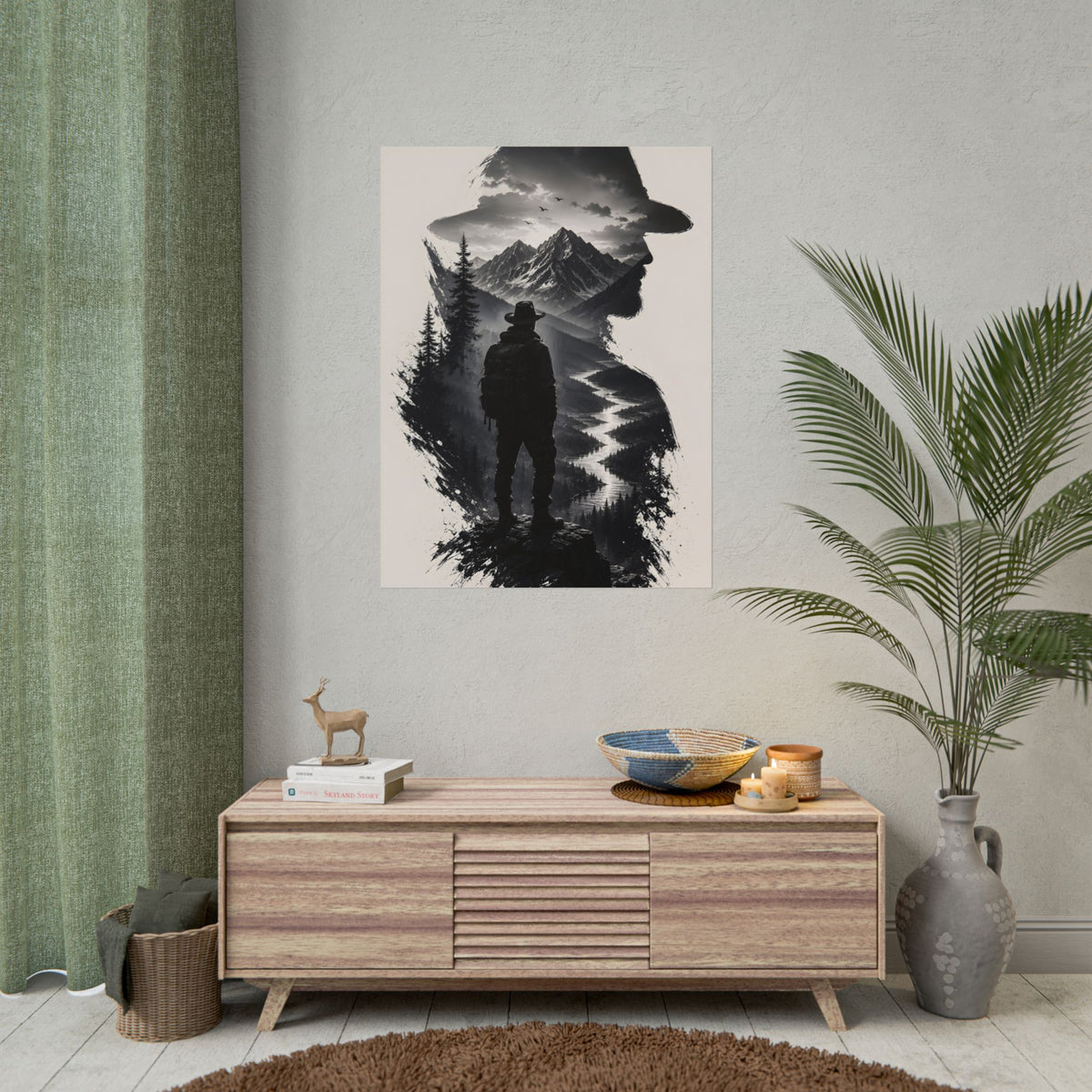 Adventure Silhouette Poster — Hiker, Mountains & River Rolled Wall Art