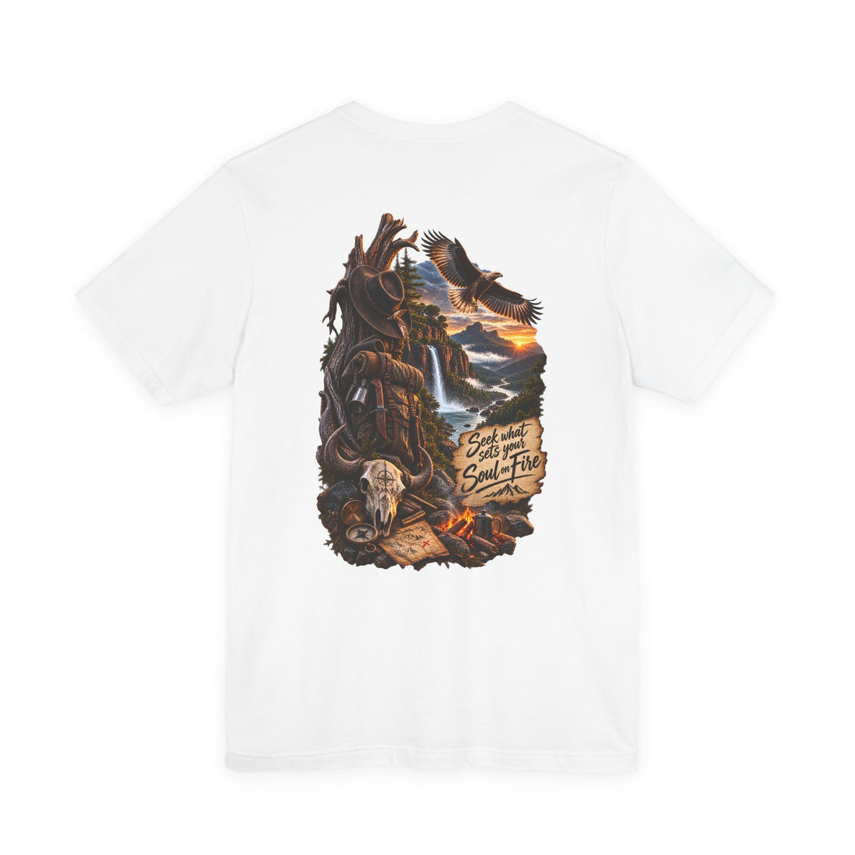 Western Wilderness T‑Shirt — “Seek the Sun, Find the Fire” Scenic Eagle & Skull Tee