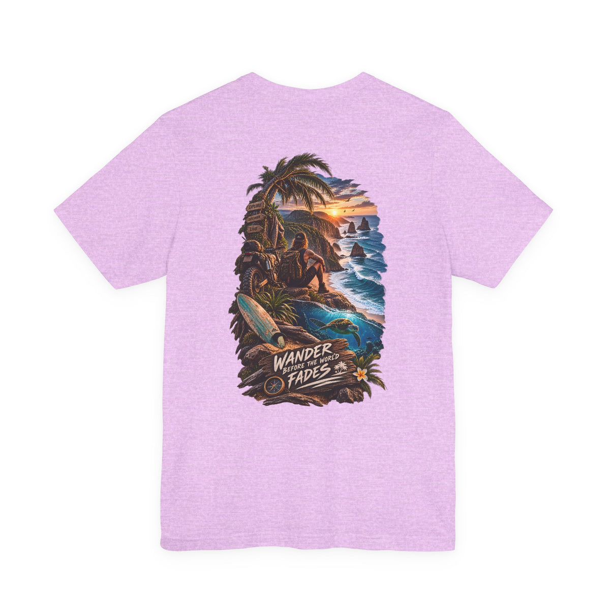 T-Shirt — "Wander Never Fades" Surf Sunset Graphic Tee