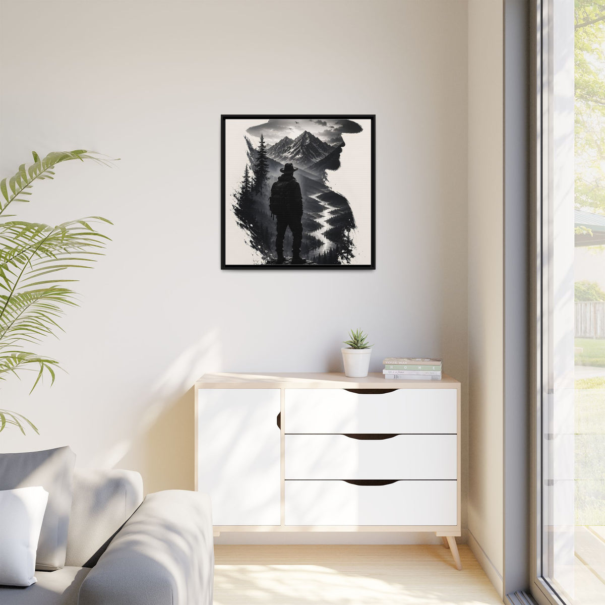 Adventure Silhouette Matte Canvas Framed Print — Mountain Hiker Double Exposure Wall Art