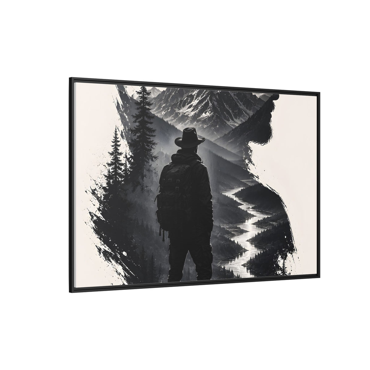 Adventure Silhouette Matte Canvas Framed Print — Mountain Hiker Double Exposure Wall Art