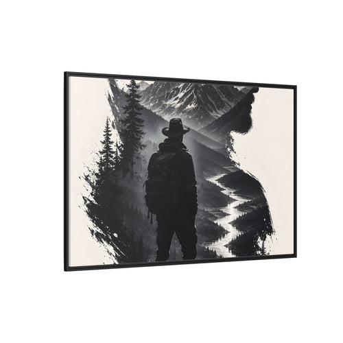 Adventure Silhouette Matte Canvas Framed Print — Mountain Hiker Double Exposure Wall Art
