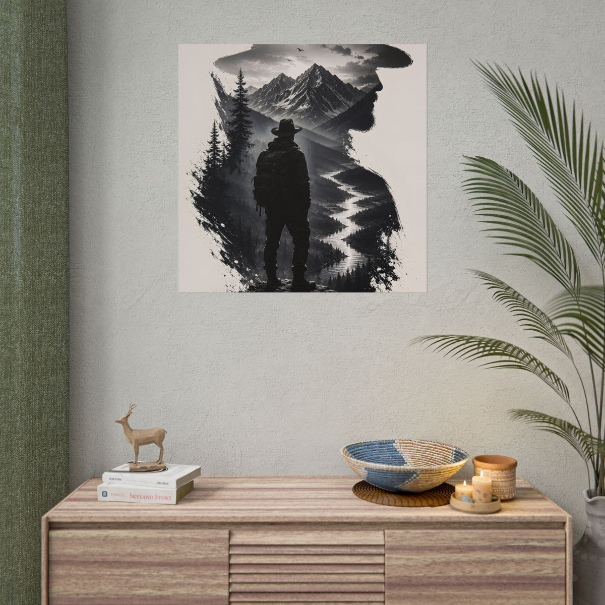 Adventure Silhouette Poster — Hiker, Mountains & River Rolled Wall Art