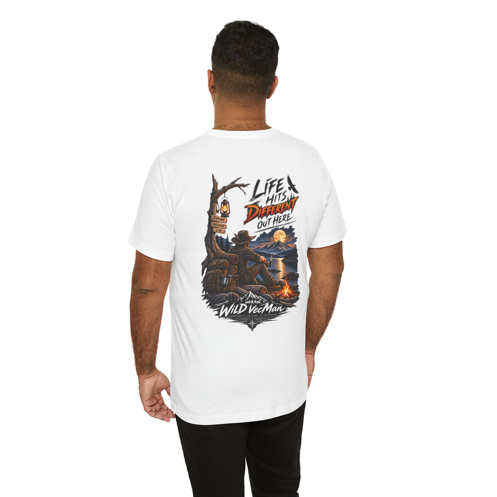 Adventure Campfire T-Shirt — “Life Hits Different Out Here” Graphic Tee