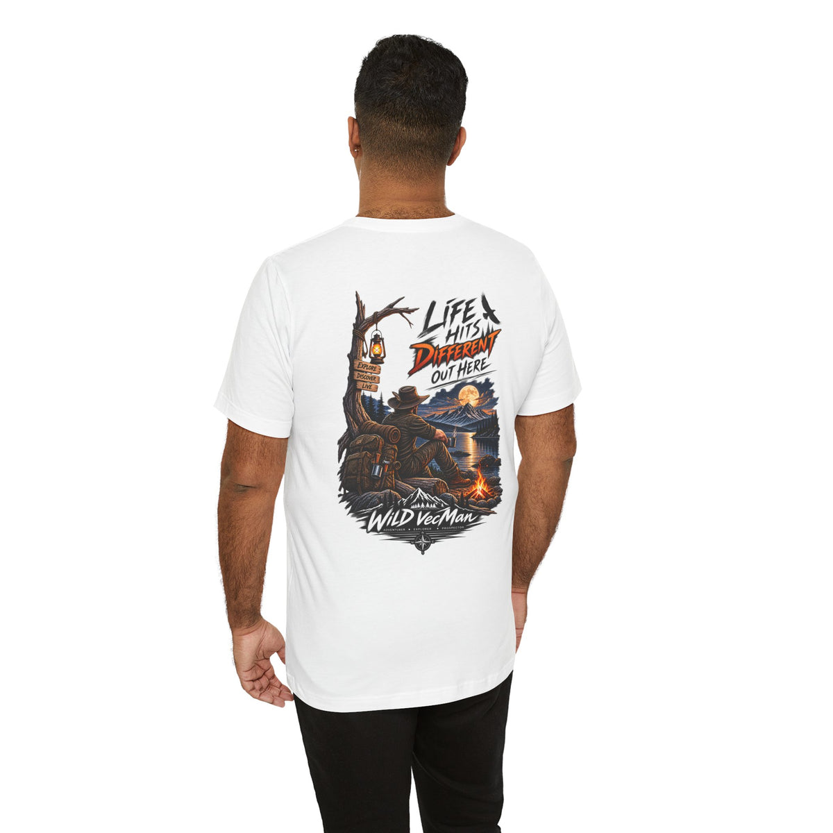 Adventure Campfire T-Shirt — “Life Hits Different Out Here” Graphic Tee