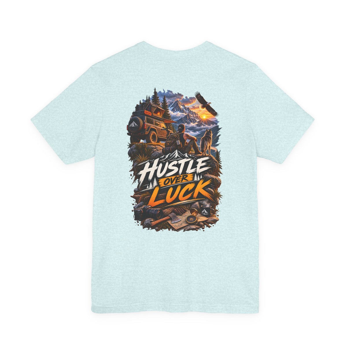 Hustle Over Luck Graphic Tee — Adventure Motivation Mountain T-Shirt