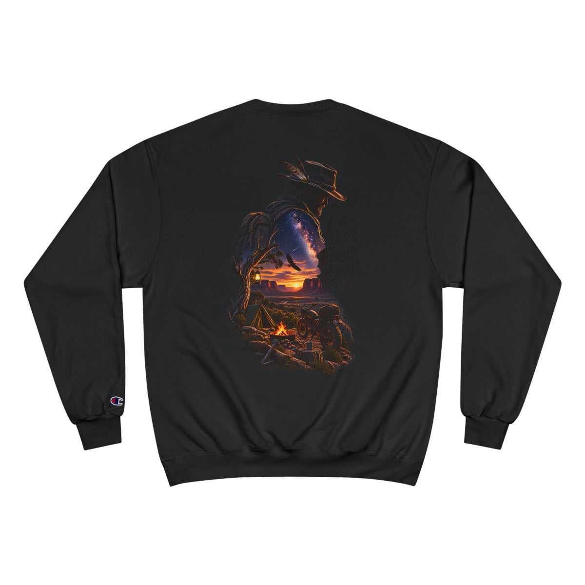 Adventure Champion Sweatshirt — 'Lost Often, Found Always' Mountain Graphic Crewneck