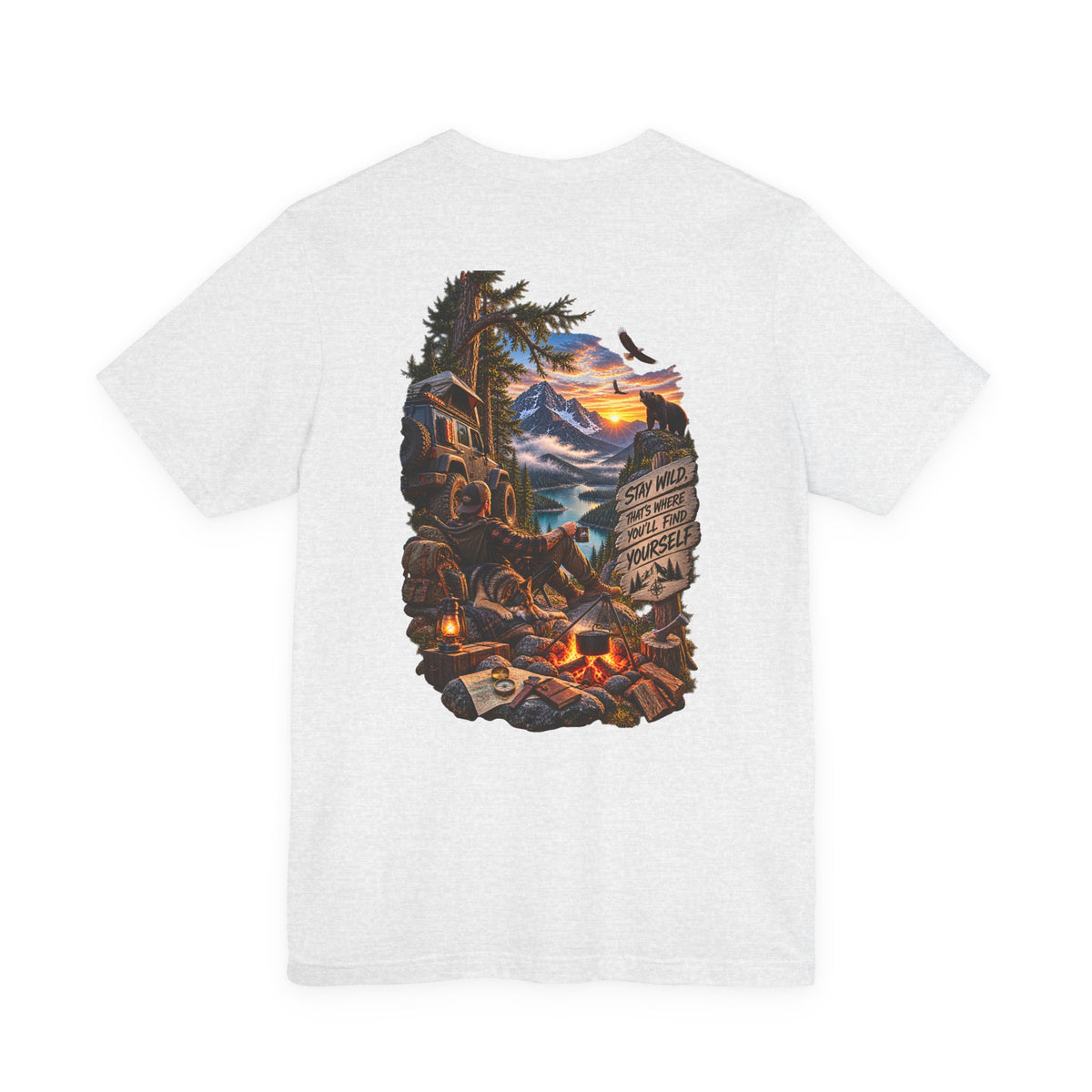 Camping Scene Backprint Tee — 'Stay Wild' Mountain Campfire Graphic T‑Shirt