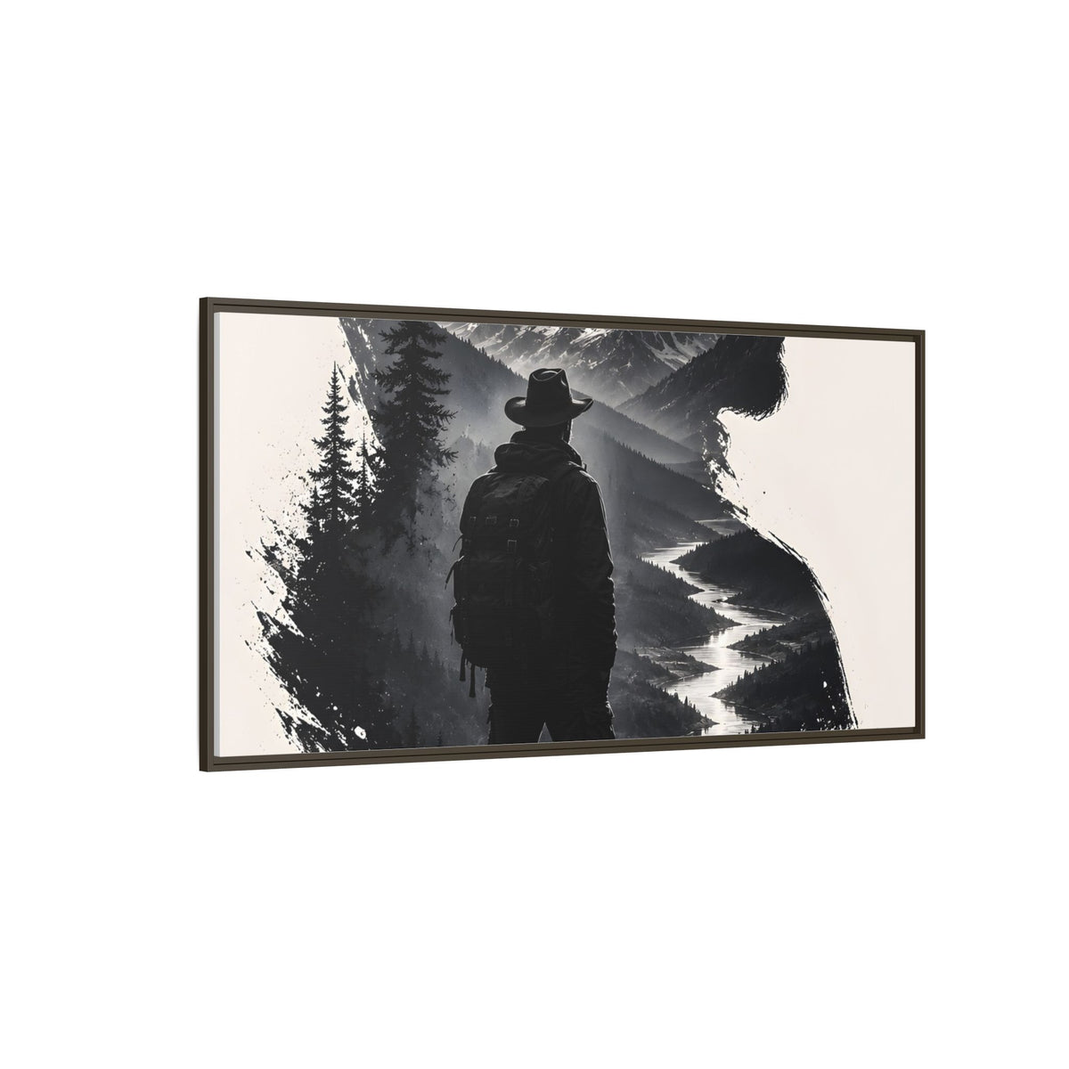 Adventure Silhouette Matte Canvas Framed Print — Mountain Hiker Double Exposure Wall Art