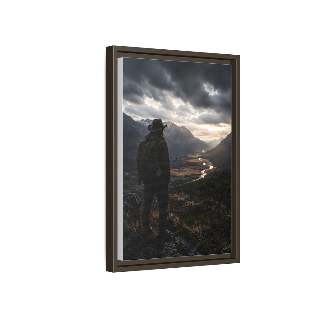 Wanderer in the Valley Matte Framed Canvas – Adventure Landscape Wall Art