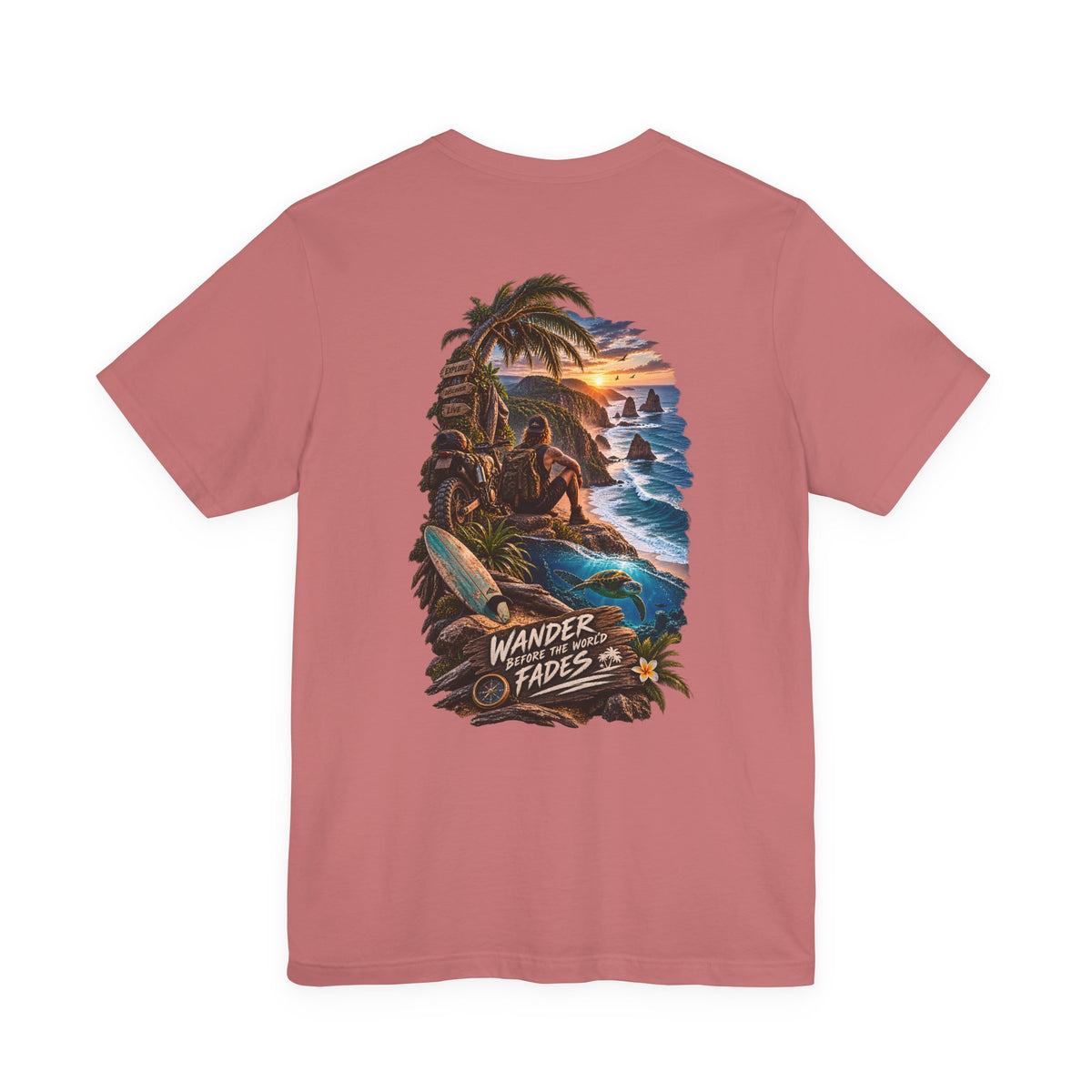 T-Shirt — "Wander Never Fades" Surf Sunset Graphic Tee
