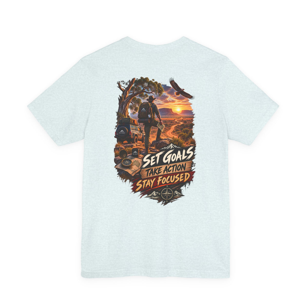 Motivational Hiking T‑Shirt — "Set Goals, Take Action, Stay Focused" Back Graphic