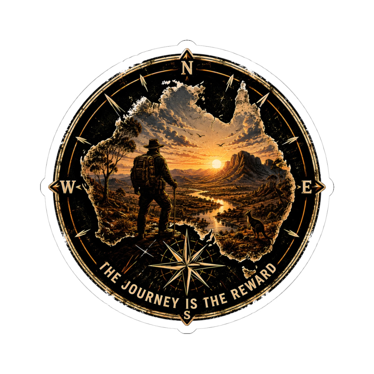 Adventure Compass Sticker — “The Journey Is The Reward” Outdoor Travel Kiss-Cut Decal