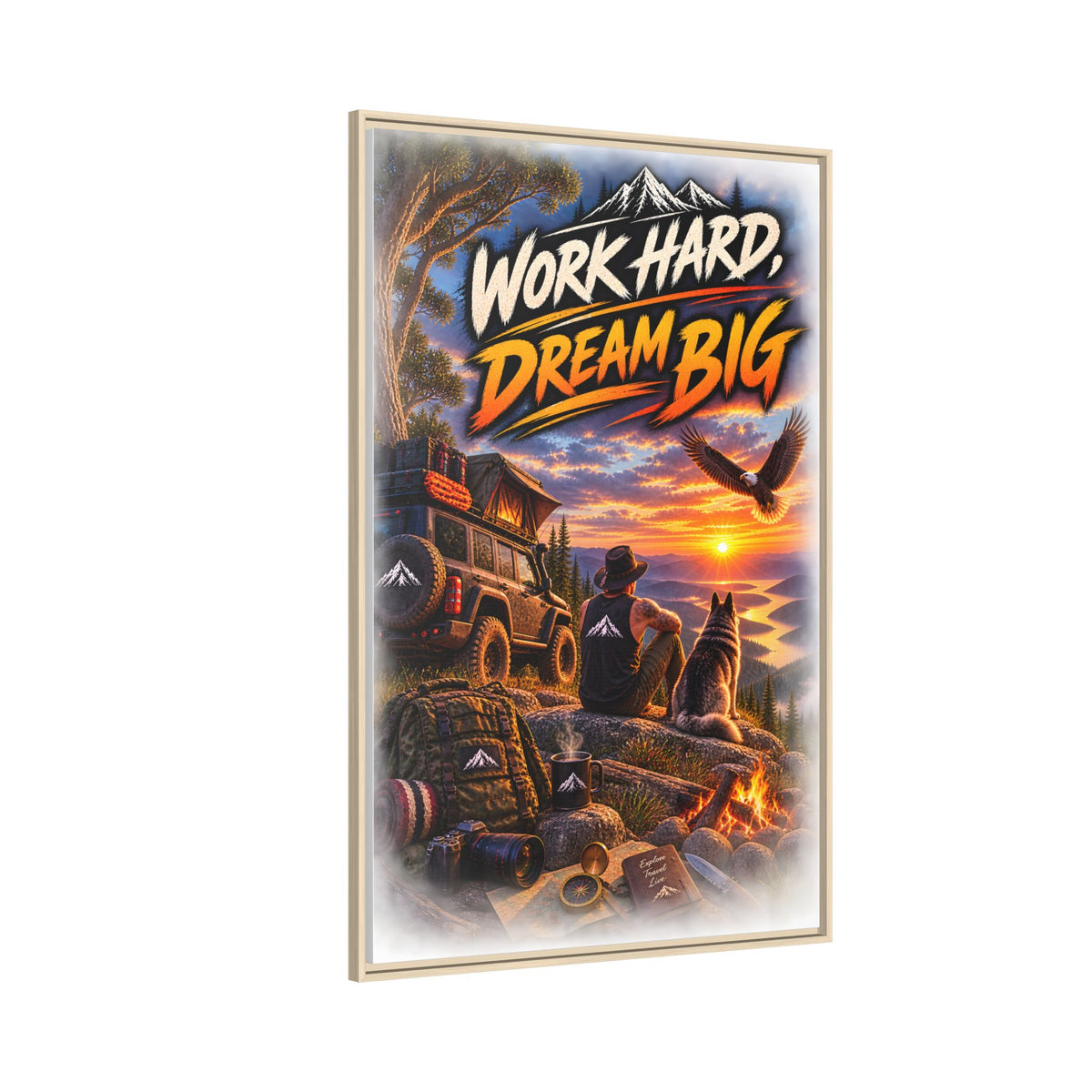 Work Hard Dream Big Framed Canvas Print — Inspirational Camping Sunset Wall Art