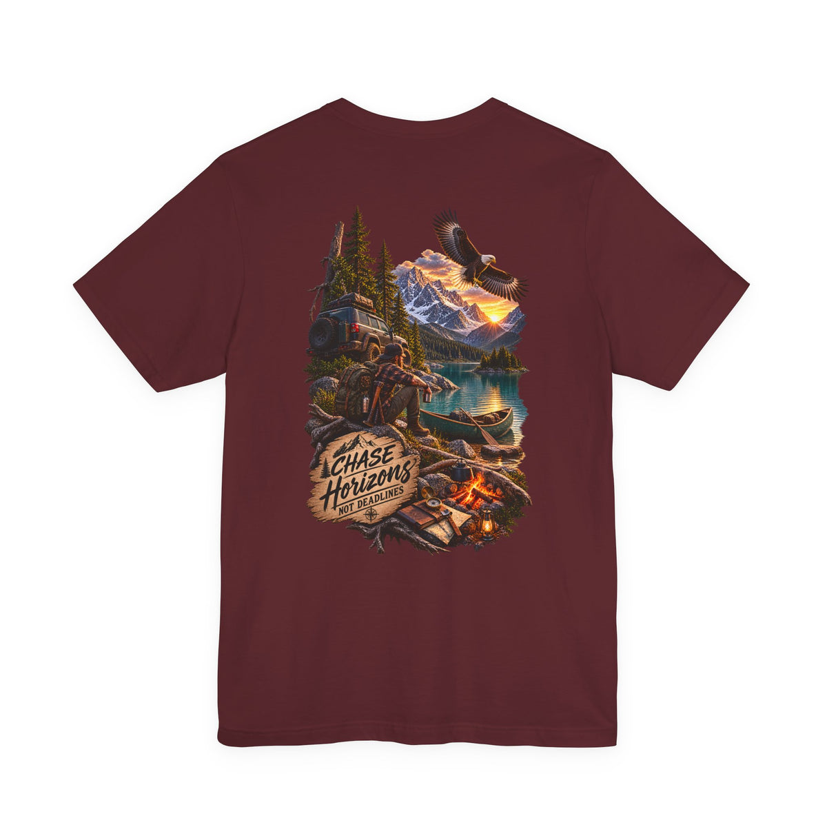 Adventure Graphic Tee — "Chase New Horizons" Mountain & Eagle Back Print