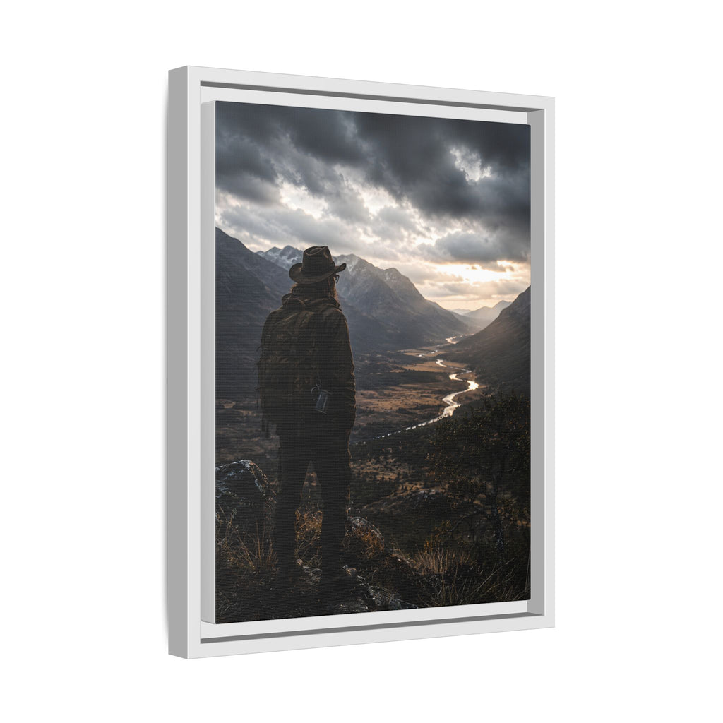 Wanderer in the Valley Matte Framed Canvas – Adventure Landscape Wall Art