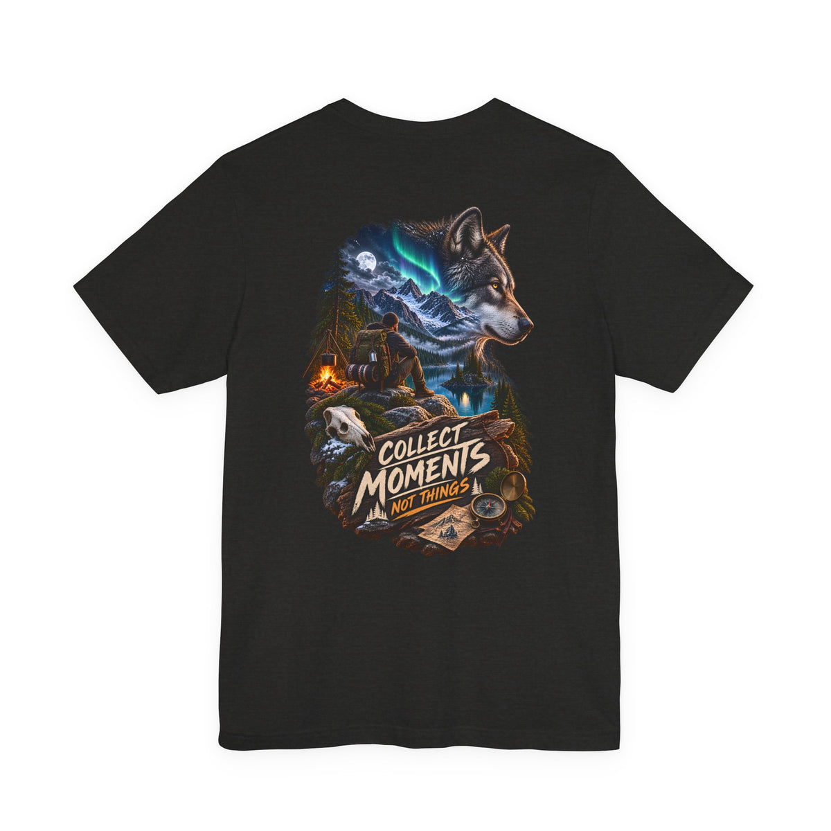 Wolf Graphic Tee – "Collect Moments Not Things" Adventure T-Shirt