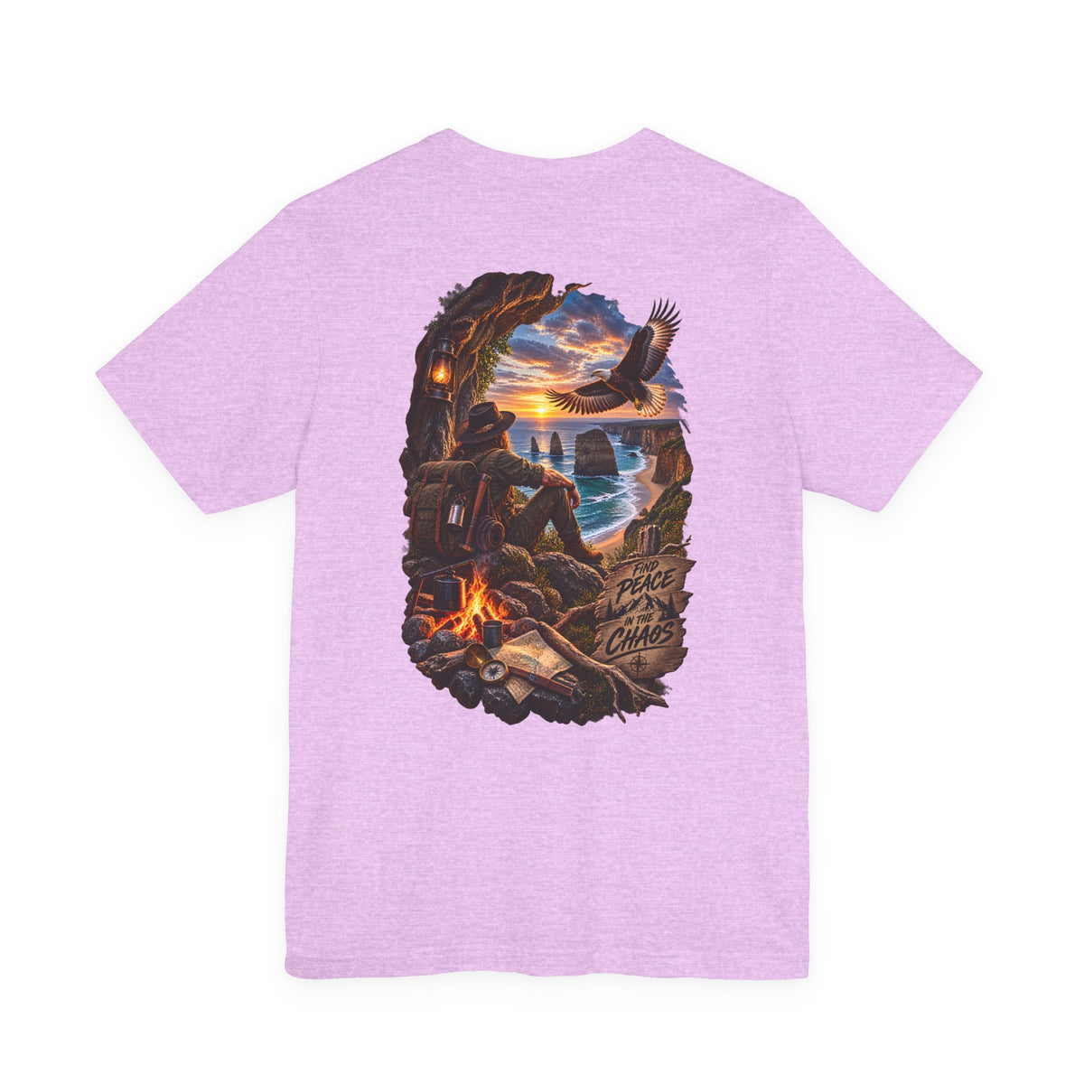 Coastal Campfire Adventure T-Shirt — Sunset, Eagle & Seaside Explorer Tee