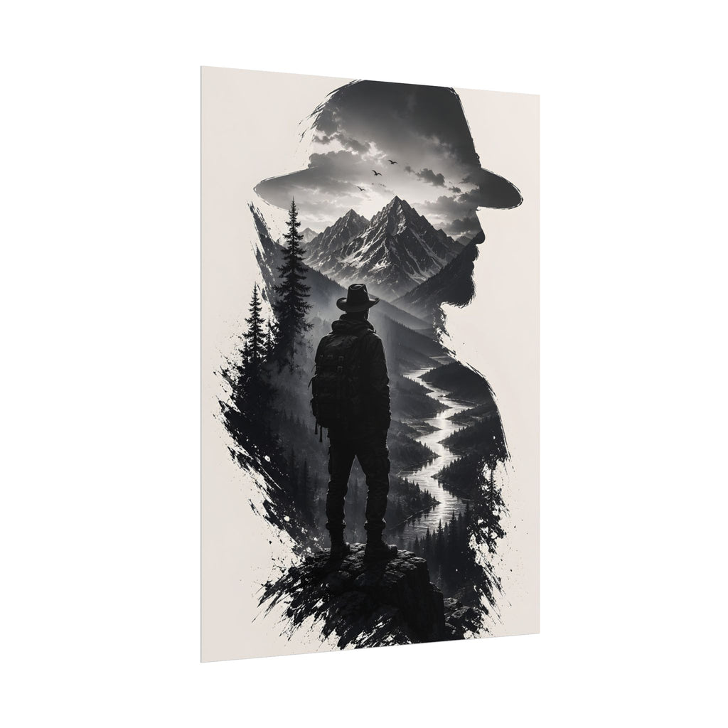 Adventure Silhouette Poster — Hiker, Mountains & River Rolled Wall Art